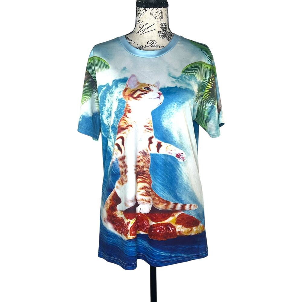 Aideaone (L) Surfing Pizza Cat Graphic Print Short Sleeve Crew Neck T-Shirt